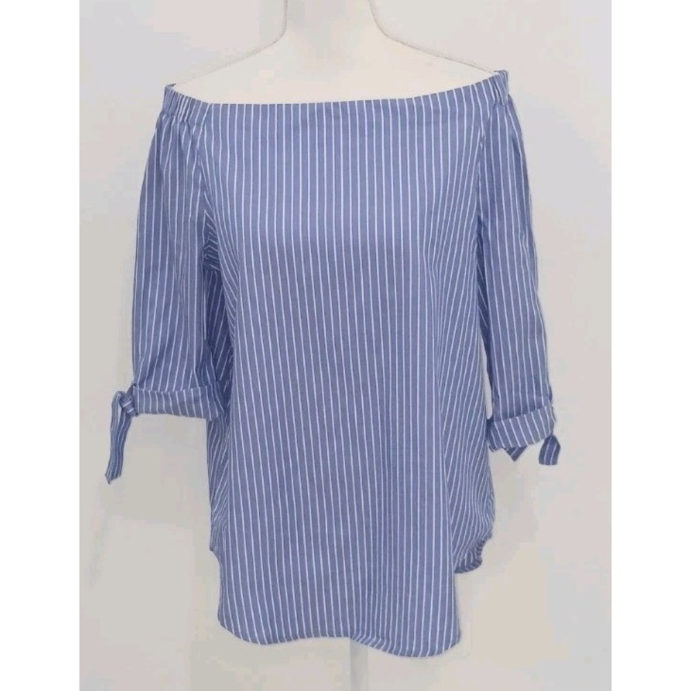 J.McLaughlin Blue White Striped Off Shoulder Tie Sleeve Cotton Top Size M